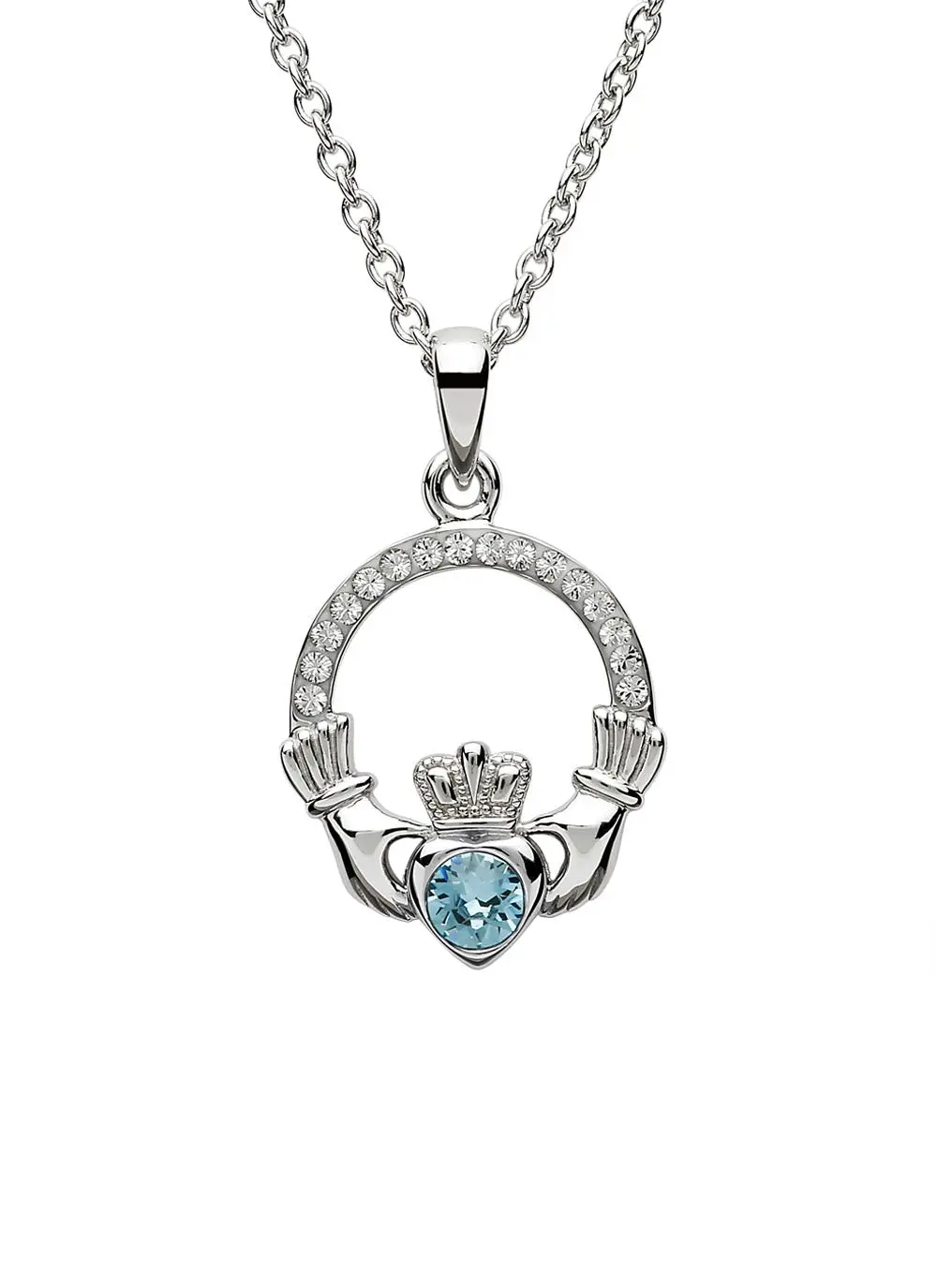 Claddagh Aquamarine Birthstone Pendant With Swarovski Crystals - March