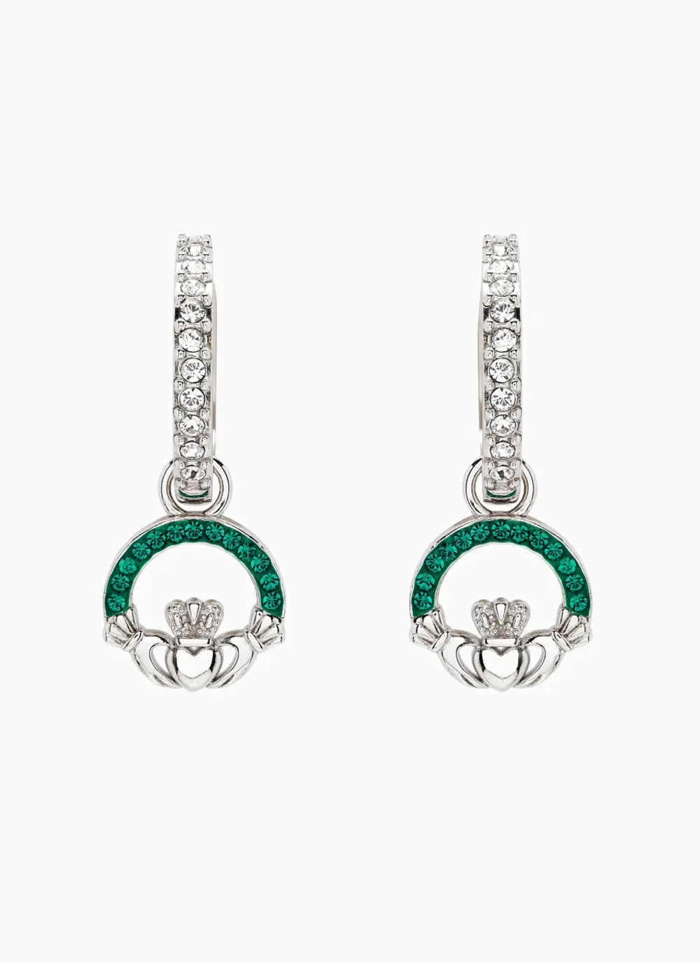 Green Crystal Claddagh Drop Earrings Clear Crystal Hoop Sterling Silver