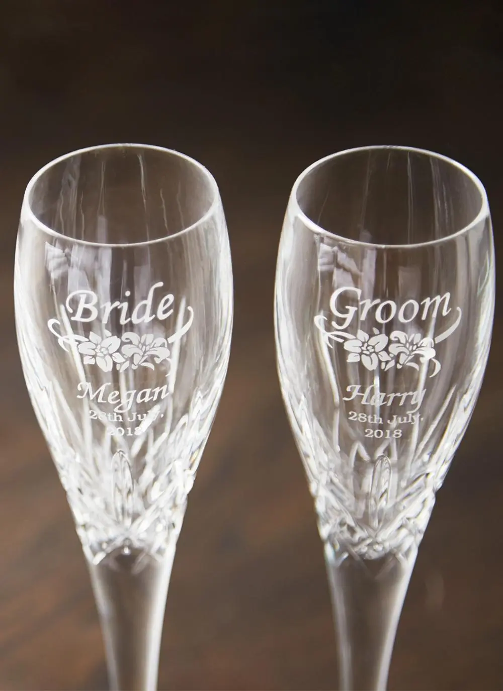 Galway Crystal Personalized Bride and Groom Floral Flute (Pair)