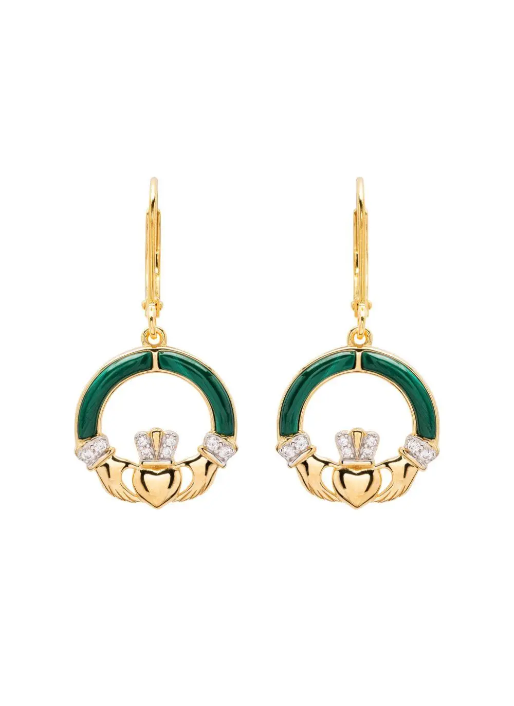14ct Gold Vermeil Claddagh Earrings with Malachite & Cubic Zirconia