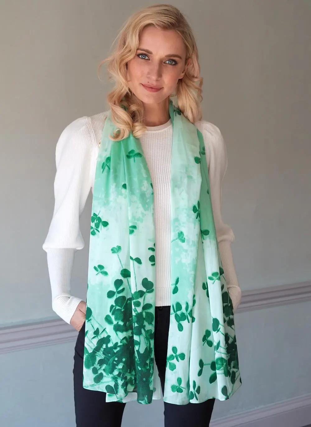 Shamrock Sprig Scarf in Green & White