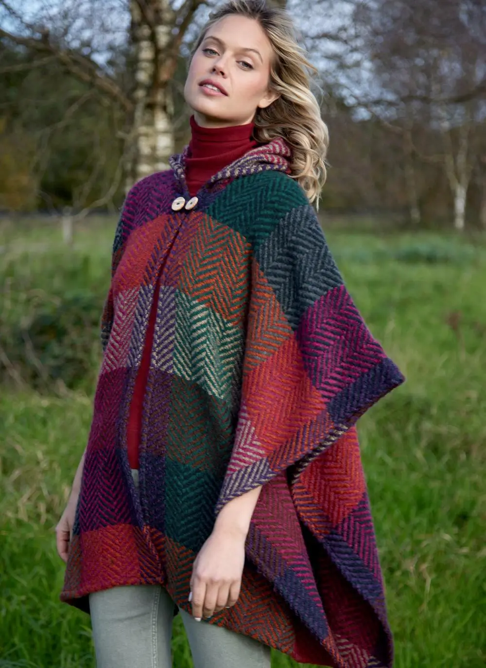 Sarah Hooded Herringbone Check Cape