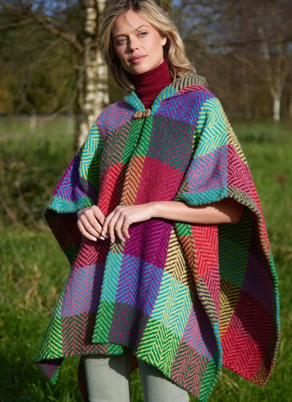 Sarah Hooded Herringbone Check Cape