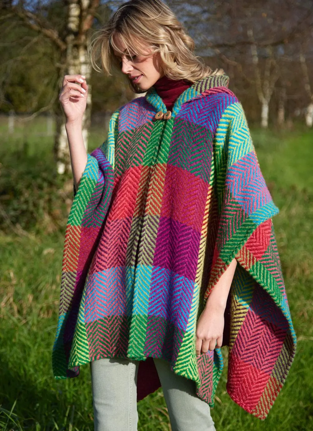 Sarah Hooded Herringbone Check Cape