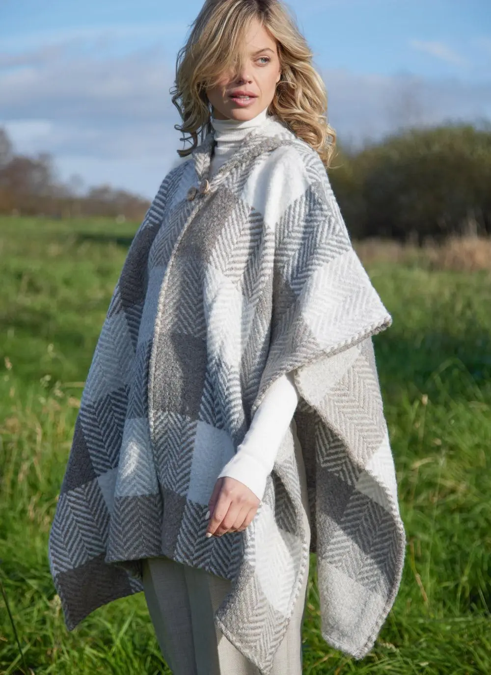 Sarah Hooded Herringbone Check Cape