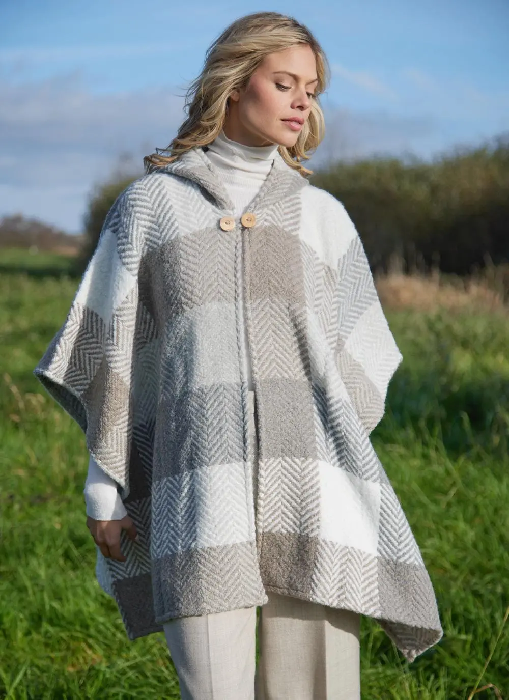 Sarah Hooded Herringbone Check Cape