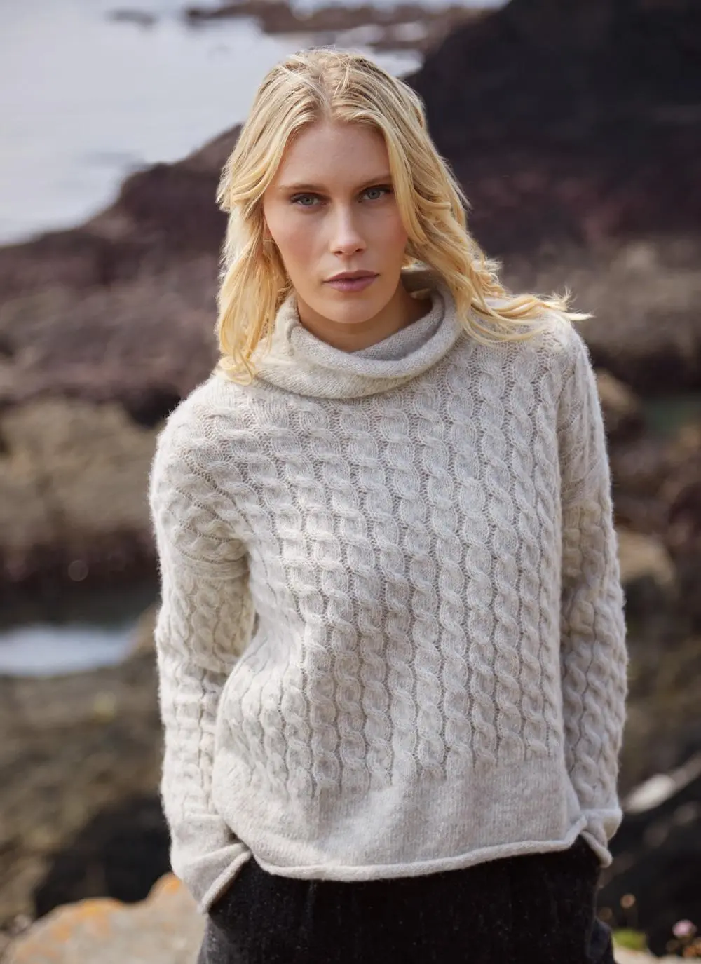 Fisherman Alpaca Cabled Funnel Neck Sweater 
