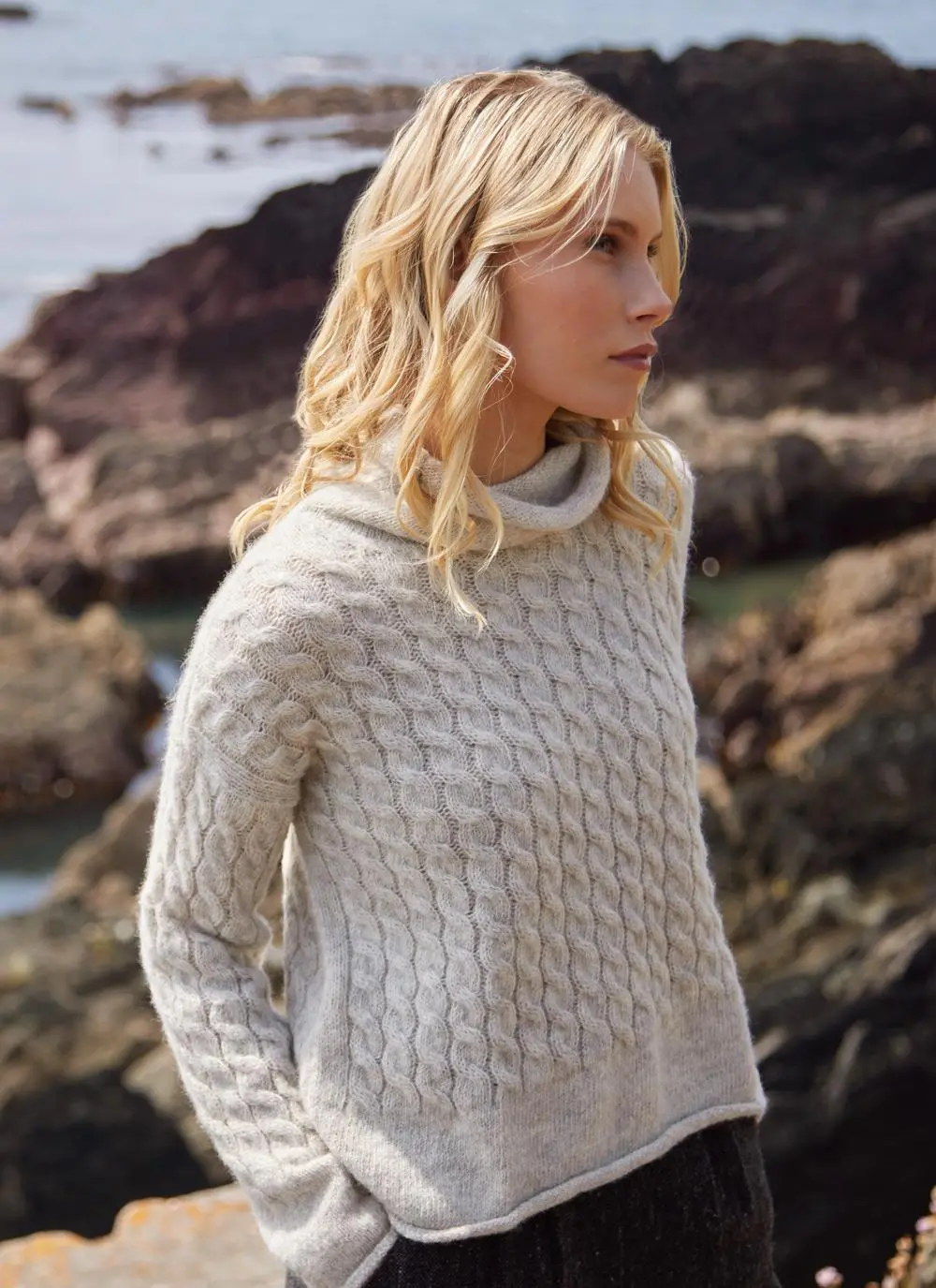 Fisherman Alpaca Cabled Funnel Neck Sweater 