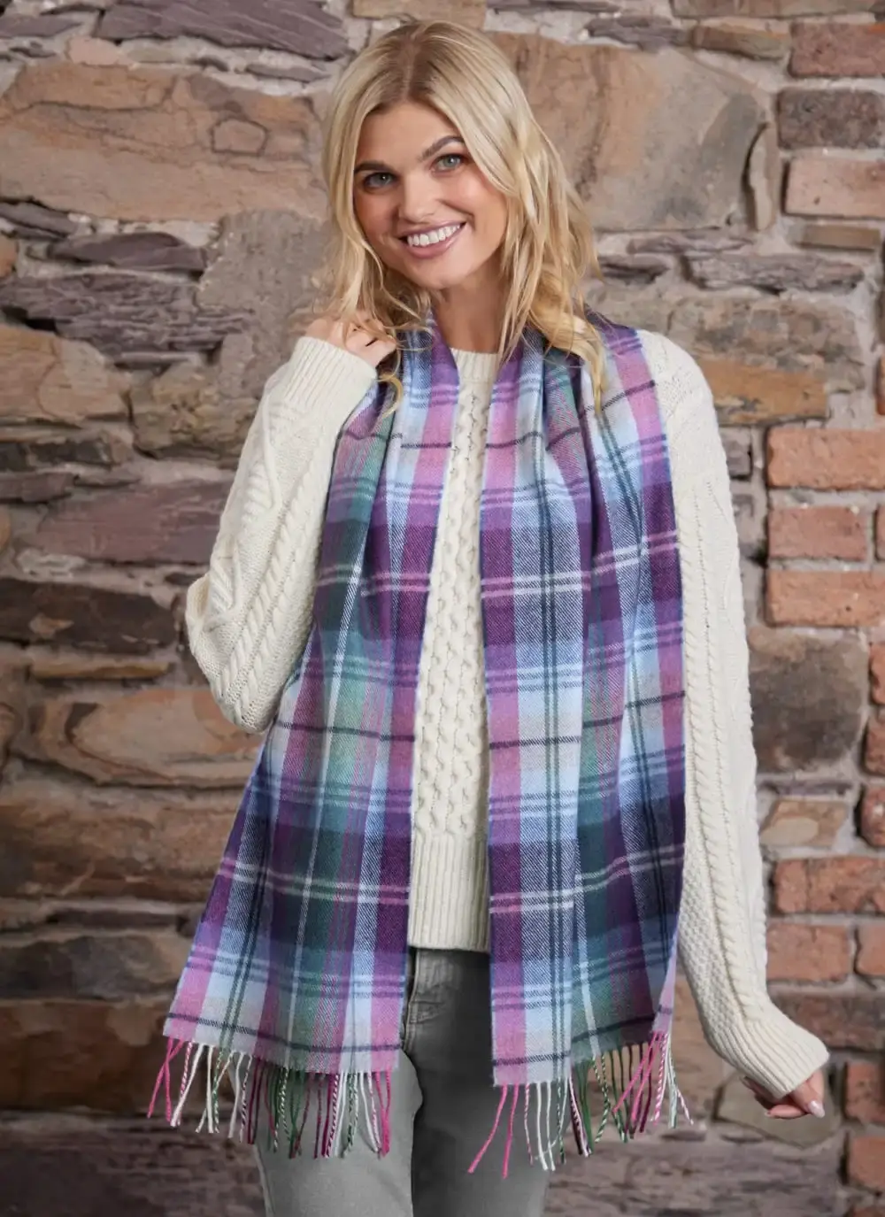Extra Fine Merino Wool Fringed Check Scarf 
