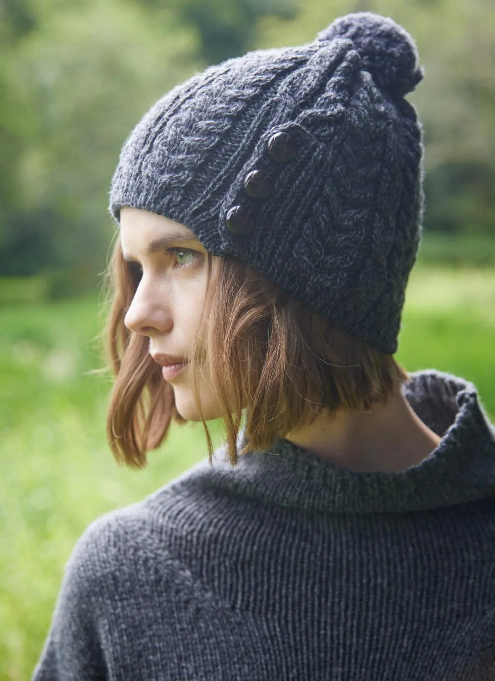 Merino Aran Button Pom Pom Hat