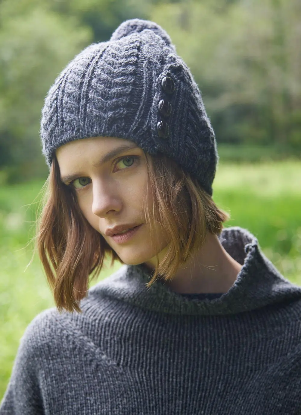 Merino Aran Button Pom Pom Hat