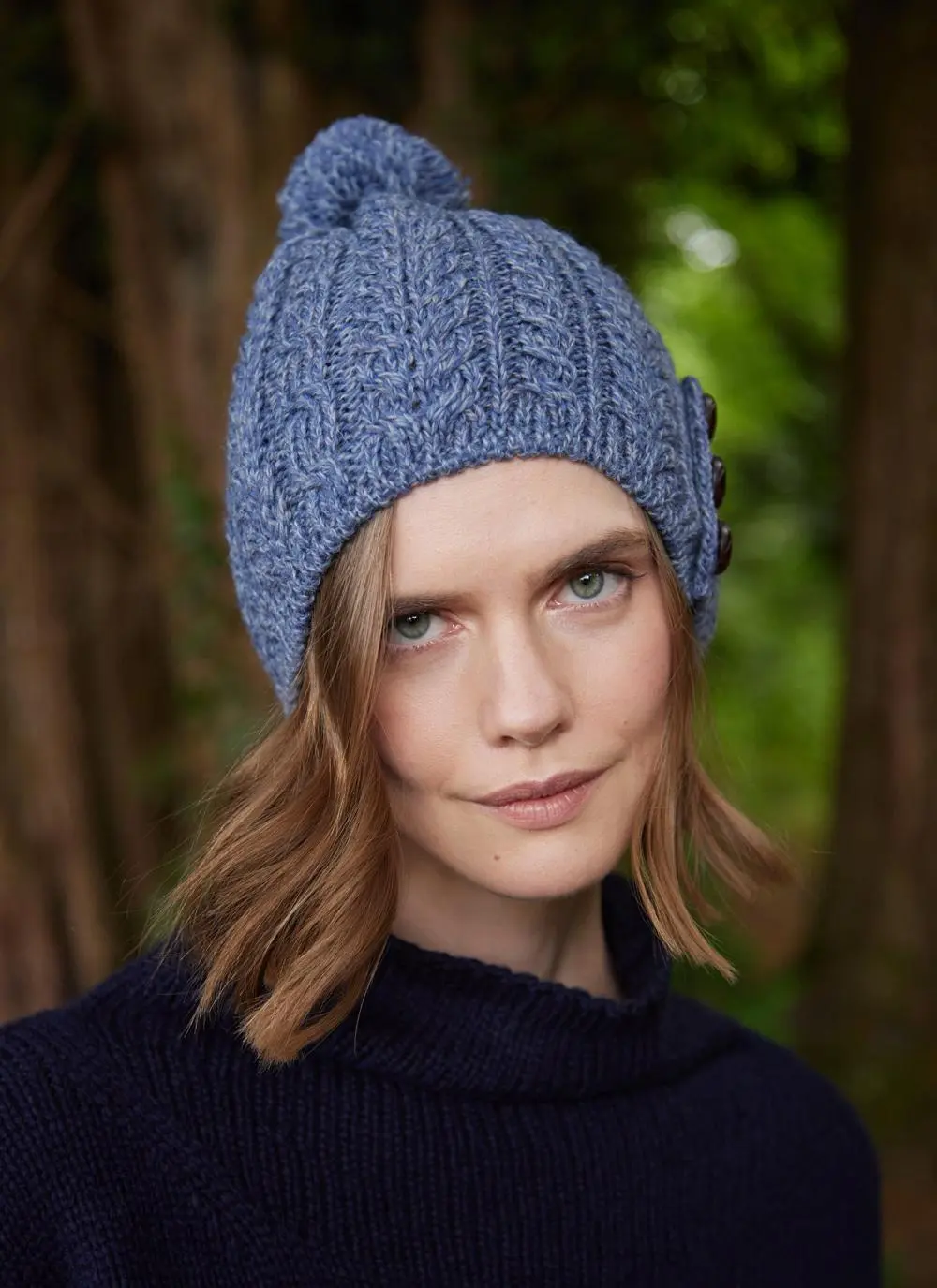 Merino Aran Button Pom Pom Hat