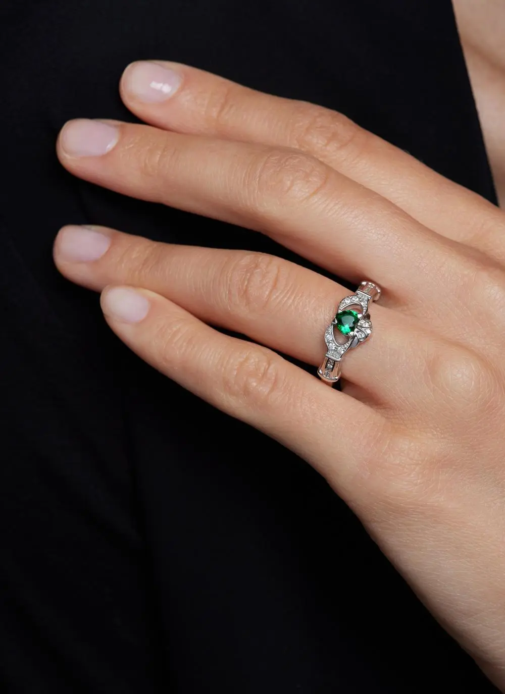 14ct White Gold Diamond & Emerald Stackable Claddagh Engagement Ring