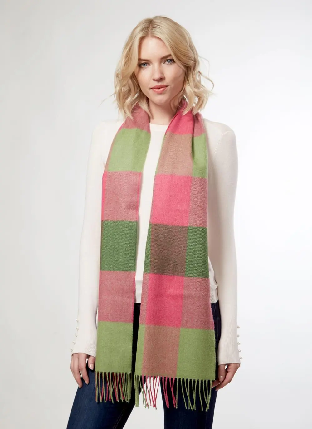 Extra Fine Merino Wool Fringed Check Scarf 