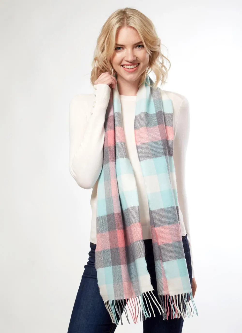 Extra Fine Merino Wool Fringed Check Scarf 