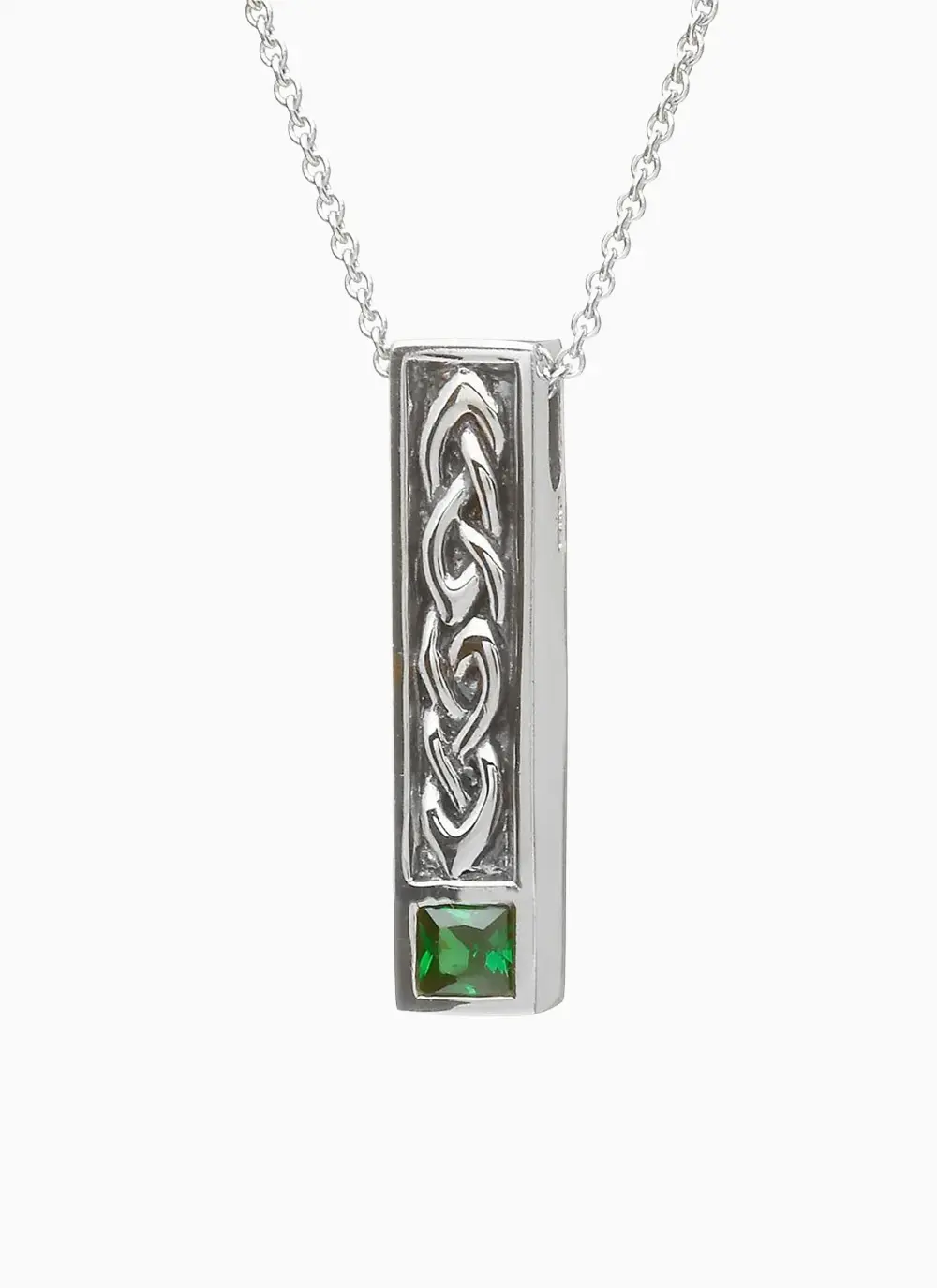 Sterling Silver Celtic Bar Pendant with Green Cubic Zirconia