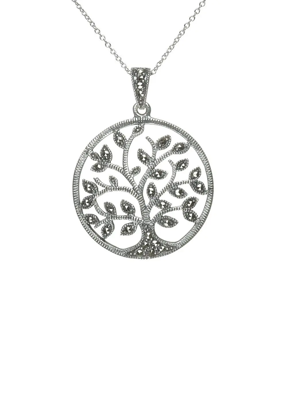 White background cut out shot of Sterling Silver Marcasite Tree of Life Pendant