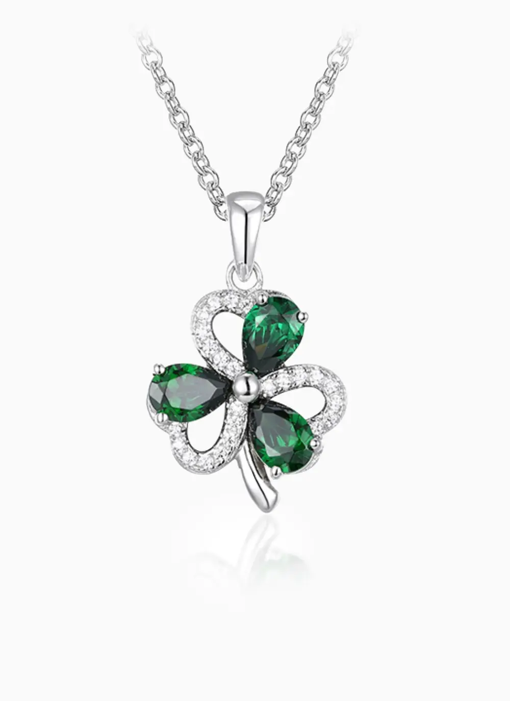 Radiant Shamrock Pendant With Interlinked Small White Cubic Zirconia Stones and Larger Green Stones with Sterling Silver