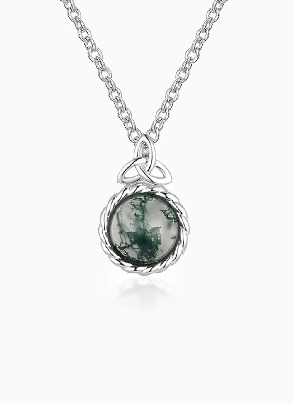 Tranquil Moss Agate Trinity Knot Pendant Inspired by Nature with Sterling Silver Chain 