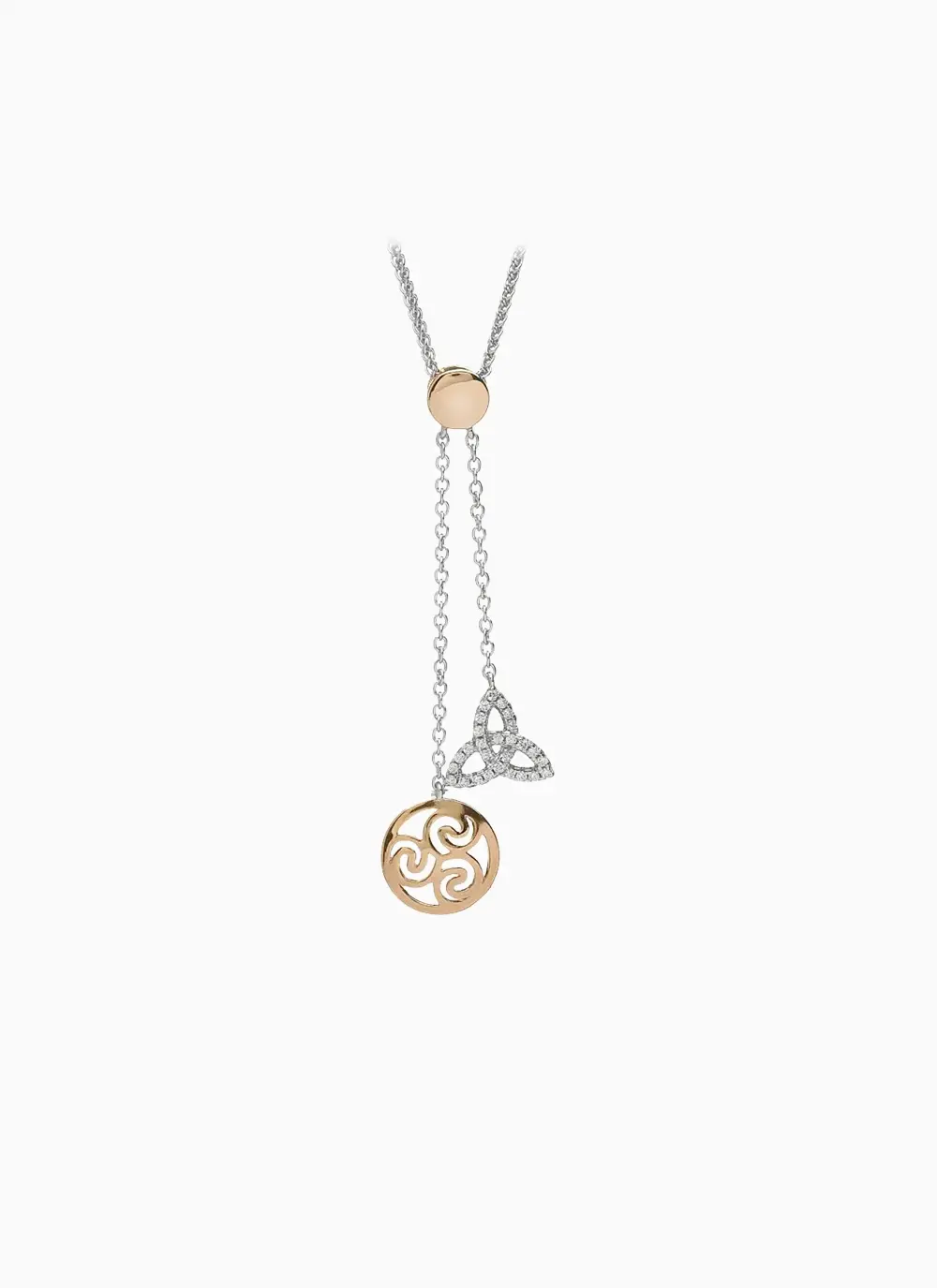 Trinity knot and triskele two toned sterling silver rose gold plated necklace pendant dainty