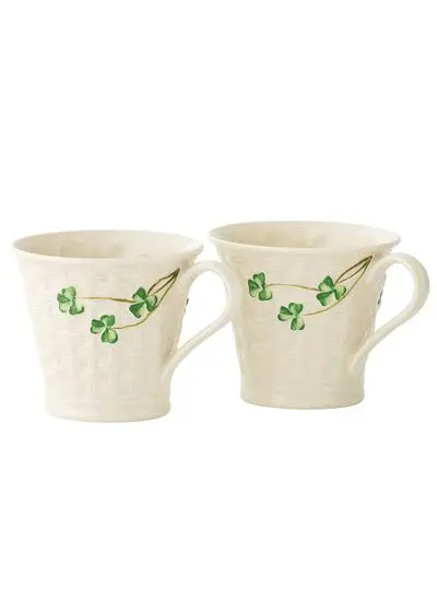 Belleek Shamrock Basketweave Mugs Set of 2