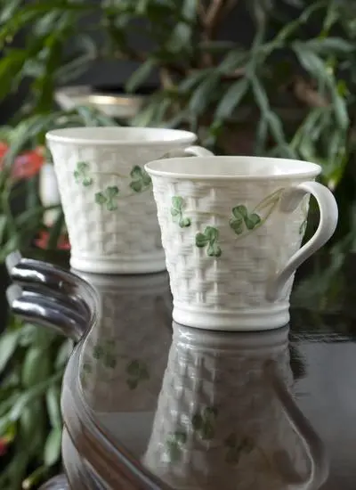 Belleek Shamrock Basketweave Mugs Set of 2