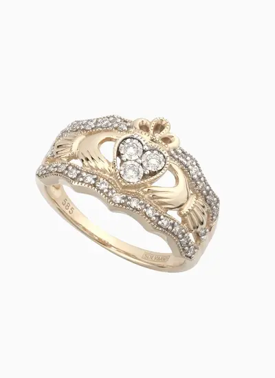One of a Kindd 14ct Gold Diamond Triple Claddagh Engagement Ring Wedding Band