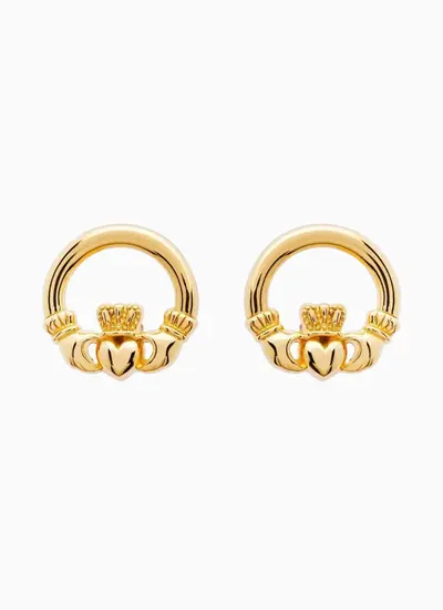 Grey background cutout shot of 14ct Gold Vermeil Claddagh Stud Earrings