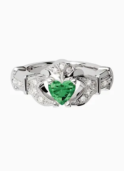 14k white gold unique Irish claddagh engagement ring with emerald and diamond