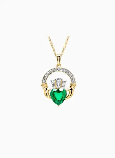 14K Gold Emerald Claddagh Necklace
