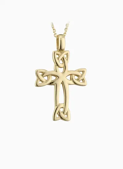 Grey background cut out shot of 14ct Gold Celtic Cross Trinity Knot Pendant