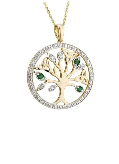 14ct Gold Tree Of Life Pendant With Diamonds & Emeralds