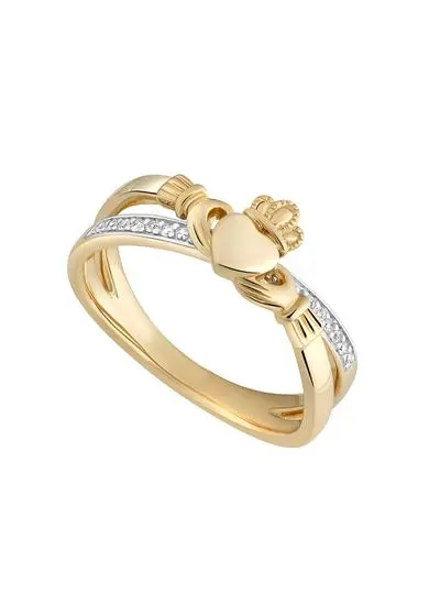 14ct Gold Diamond Claddagh Crossover Ring 