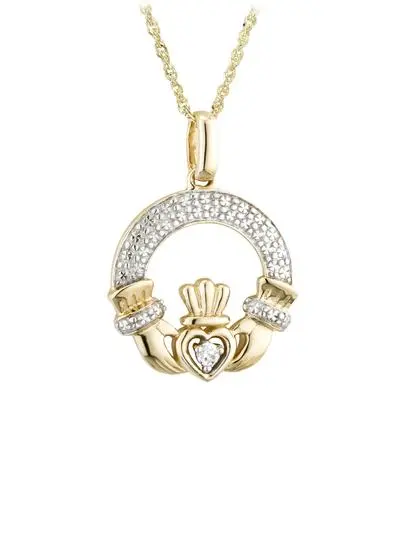 White background cut out shot of 14ct Gold Diamond Claddagh Pendant