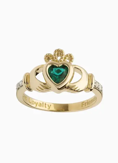 14K Gold Claddagh Ring with Emerald Stone