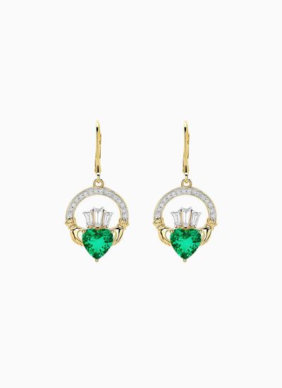 14K Gold Lab Grown Ethical Emerald Claddagh Earrings