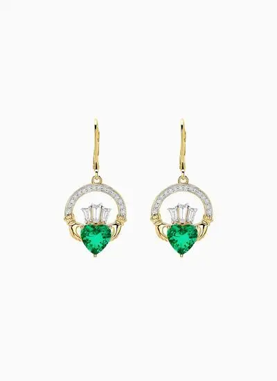 14K Gold Lab Grown Ethical Emerald Claddagh Earrings