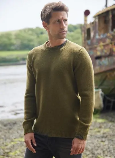 Olive fisherman crew neck sweater with charcoal detail on half of neck and hem