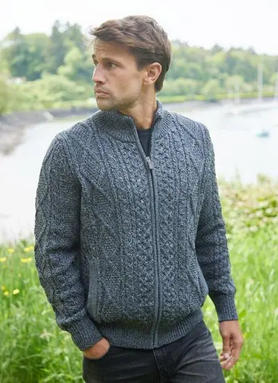 Full zip aran cardigan with tradditional stitching in colour slate (blue)