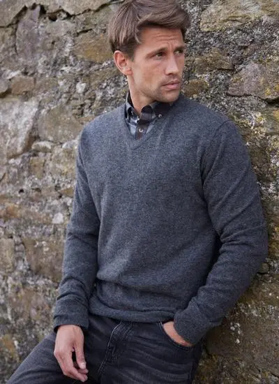 Grey lambswool v neck over check shirt