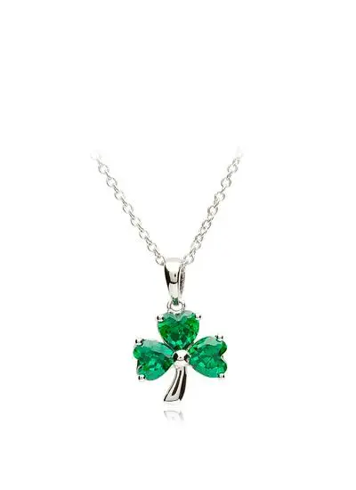 White background cut out shot of Sterling Silver Shamrock Celtic Pendant with Green Cubic Zirconia