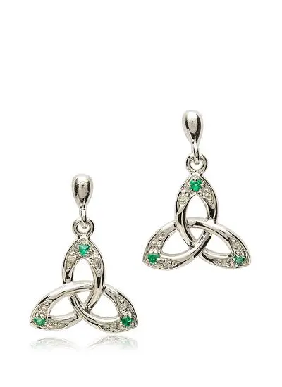 Sterling Silver Celtic Trinity Knot Earrings with Diamond & Emerald