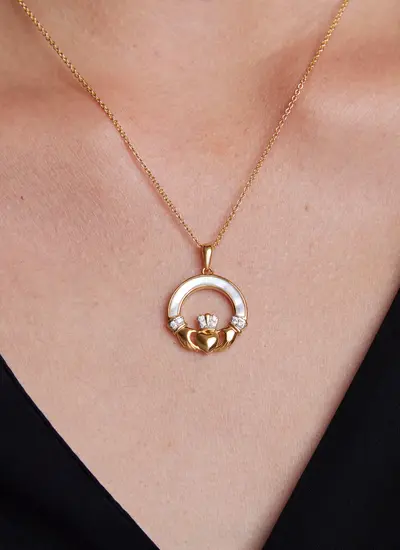 14ct Gold Vermeil Mother of Pearl Claddagh Necklace with White Cubic Zirconia