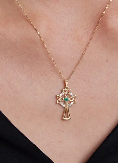 10ct Gold Celtic Cross Emerald Diamond Pendant
