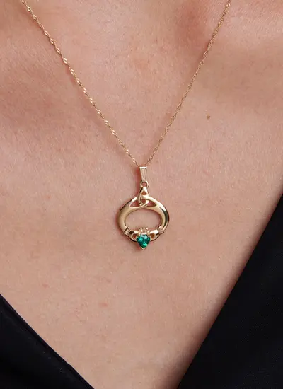 10ct Claddagh Trinity Emerald Diamond Pendant