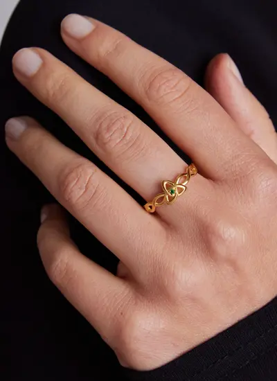 14Ct Gold Vermeil Trinity Knot Ring with Green Cubic Zirconia