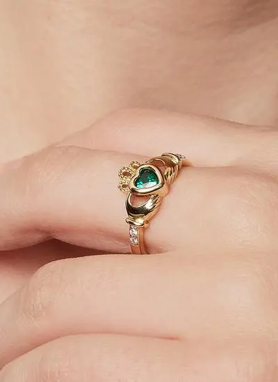 14ct Gold Diamond Claddagh Ring with Emerald Stone
