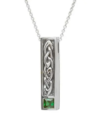 Sterling Silver Celtic Bar Pendant with Green Cubic Zirconia