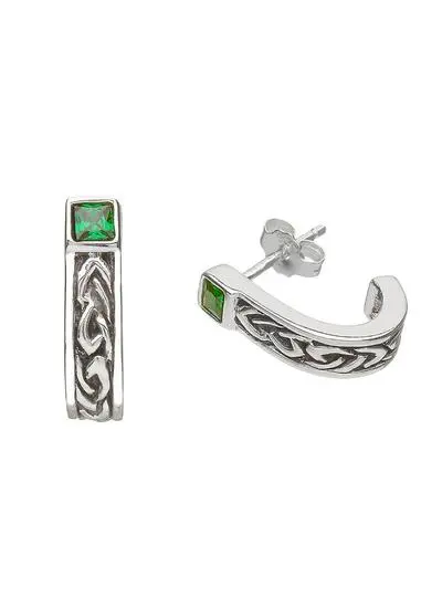 Sterling Silver Celtic Huggie Earrings with Green Cubic Zirconia
