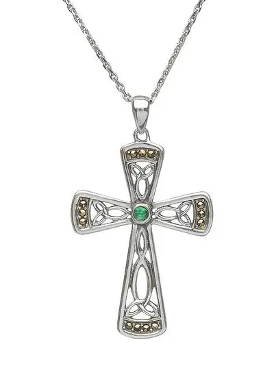 Sterling Silver & Marcasite Celtic Cross Pendant with Green Cubic Zirconia
